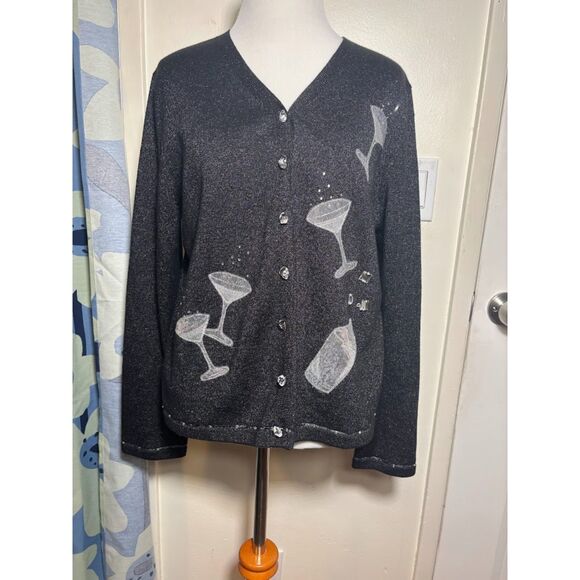 VTG Christina Rotelli Cardigan Sweater Black Martini Cocktail Drink NYE Metallic - Picture 2 of 6